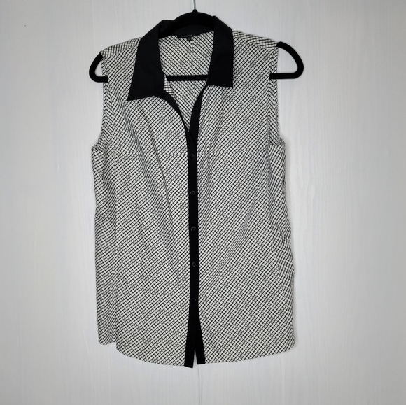 Lafayette 148 Collared Blouse Sleeveless 12 Black Trim Plaid Checkered Career - Picture 4 of 9